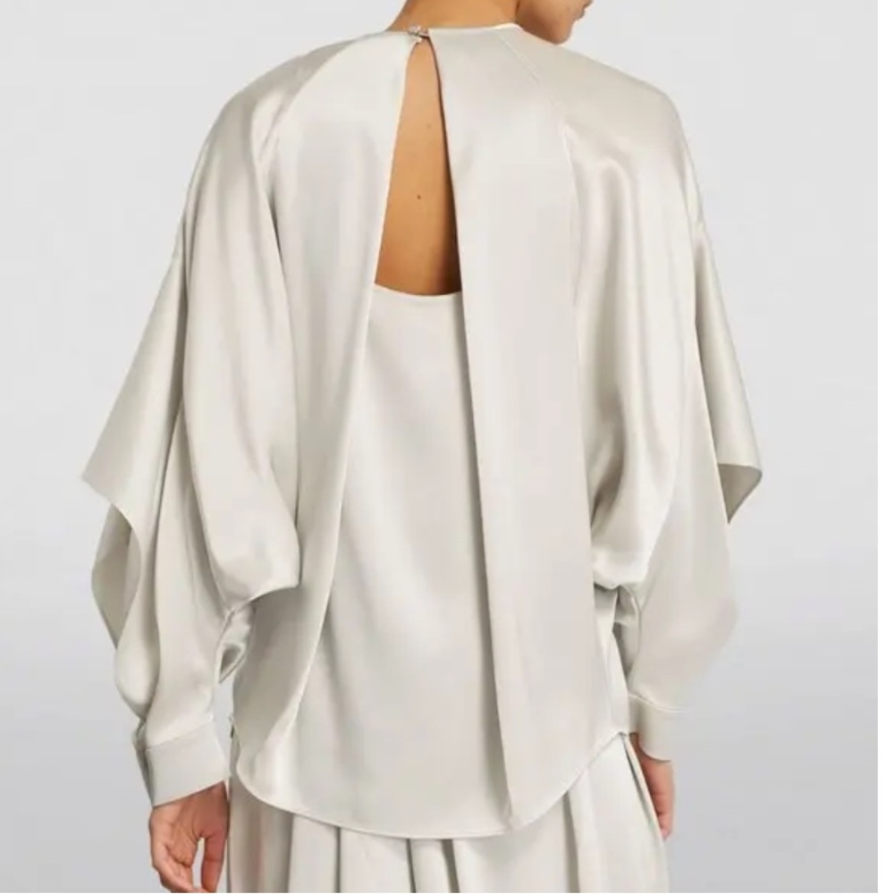 St. John Liquid Satin Blouse with Dramatic  Sleeves Crystal Buttons Coral Large - Picture 6 of 16